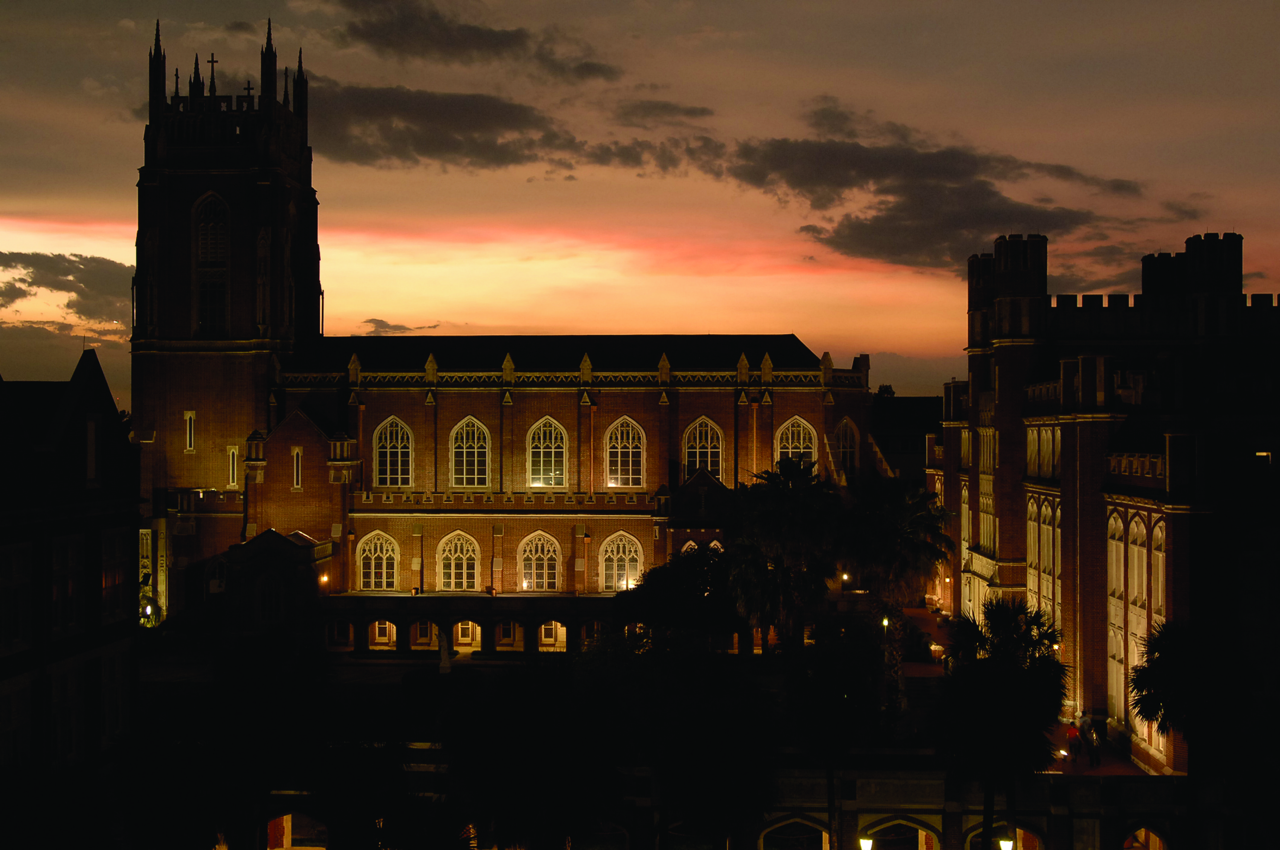 Campus buildings at sunset