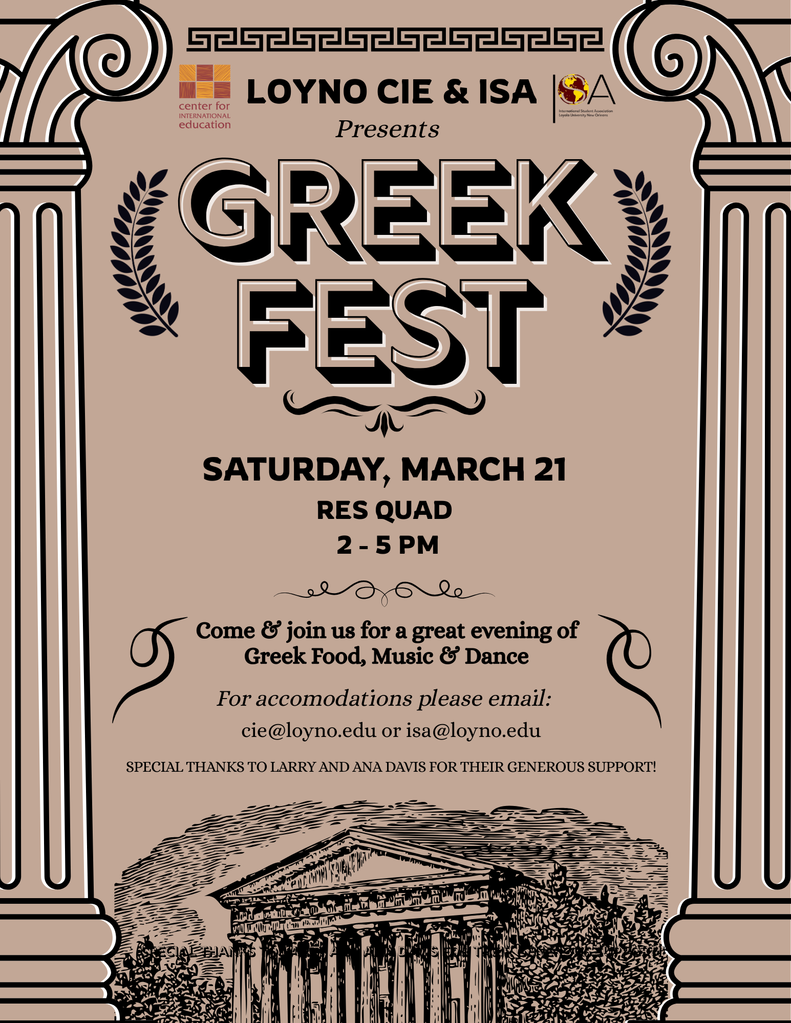 flyer for event with event details in black text against a light brown background. Illustrations of grecian columns decorate the sides of the poster, while an image of the athenian parthenon decorates the bottom.