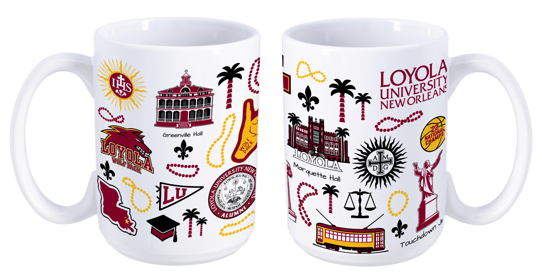 White mug featuring iconic Loyola graphics like Marquette Hall, St. Ignatius, and a streetcar.